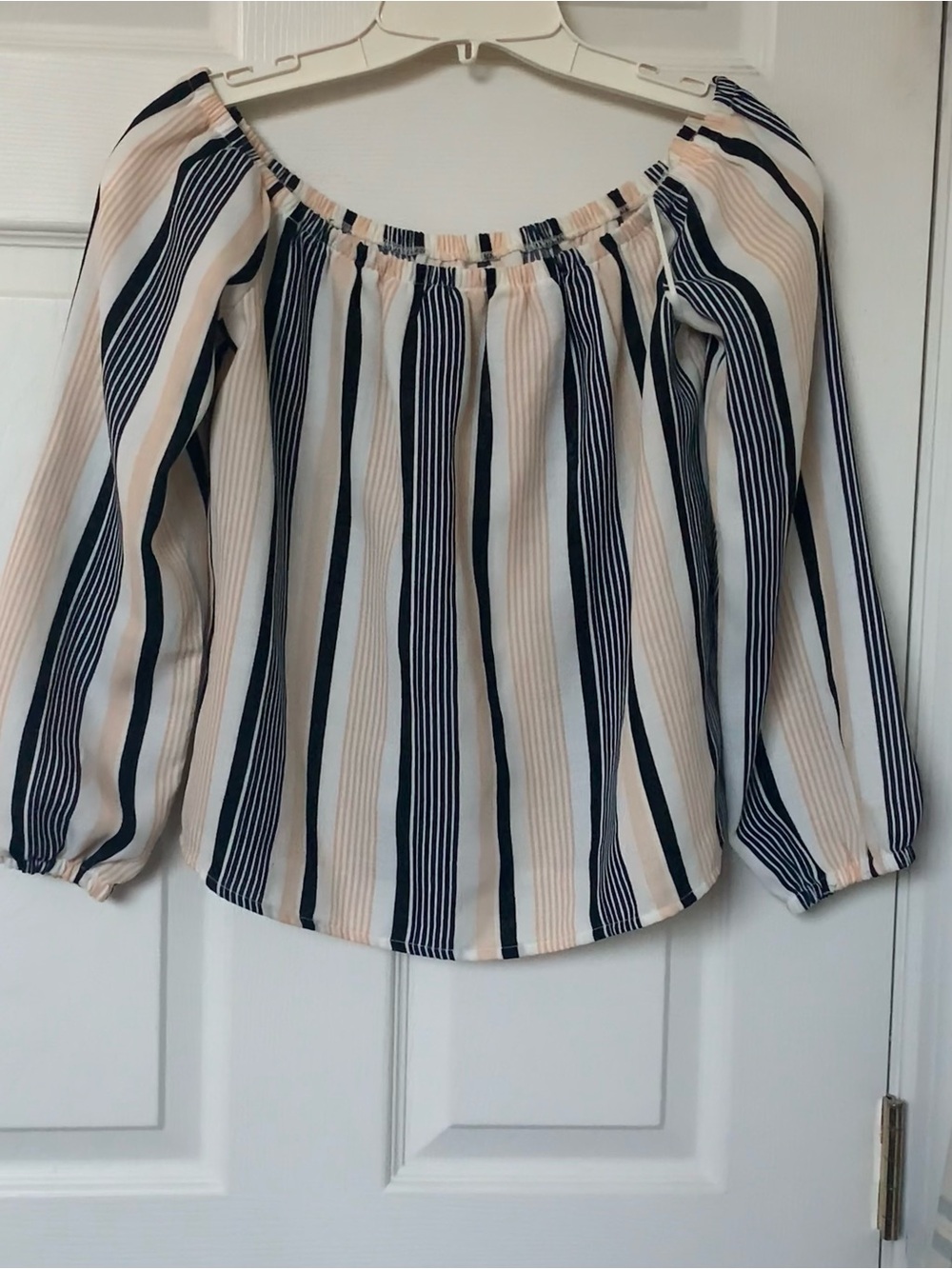 Off-Shoulder Striped Blouse in Navy and Blush
